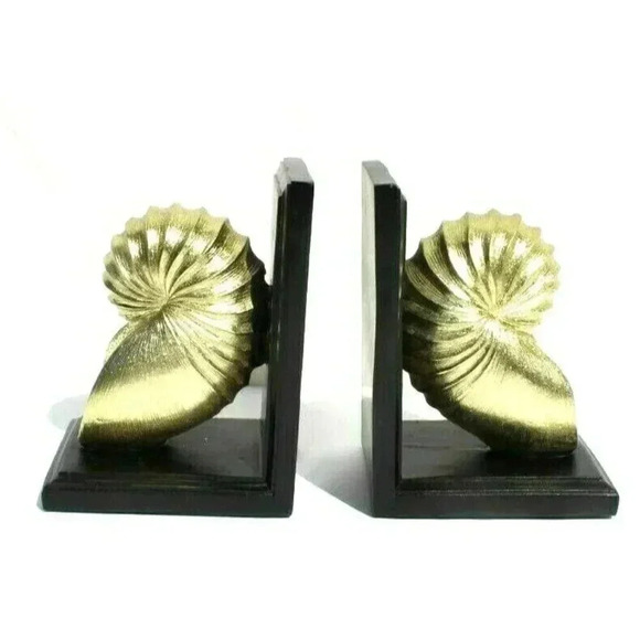 New Black & Gold Ammonite Resin / Wood Ammonite Bookends Room Decor Figurine - Picture 1 of 4